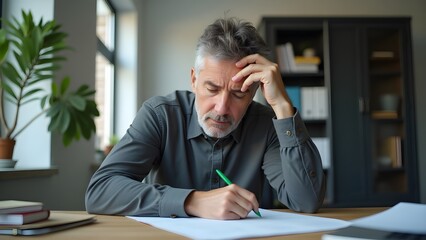 Tired and Stressed Middle-Aged Man Working at Desk