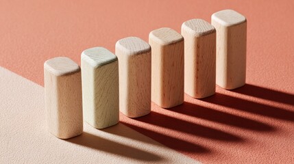Diagonal arrangement of pale mint wooden dowels on blush peach paper backdrop