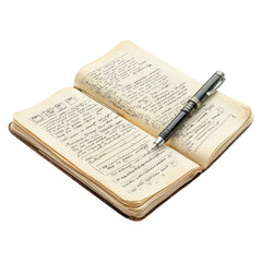Obraz premium Open notebook with handwritten notes and a silver pen on desk, isolated on transparent background.