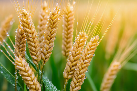 Close-up view of mature wheat grains with water droplets in a vibrant field illuminated by sunlight during harvest time