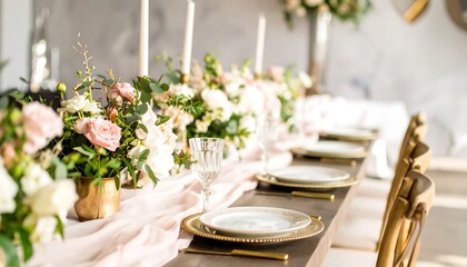 Elegant table setting with pastel flowers and gold accents.