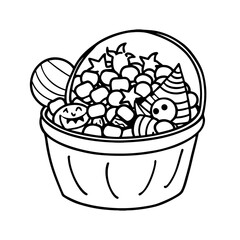 A detailed line drawing of a halloween candy bucket overflowing with various treats isolated on white background isolated on transparent background