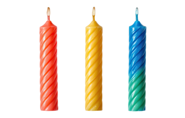 Three colorful spiral birthday candles, red, yellow, and blue-green, stand vertically against a black background.  Each candle has a lit flame