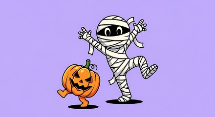 Cute dancing mummy and jack o lantern pumpkin cartoon on purple background Halloween vector clipart for kids party invitations stickers decorations social media banners playful spooky design
