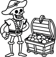 Pirate skeleton guarding a treasure chest full of gold coins and jewels isolated on white background isolated on transparent background