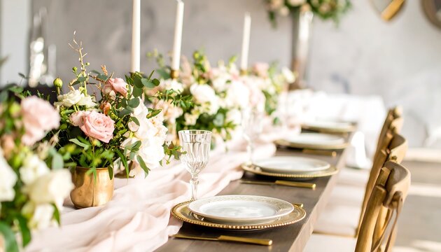Elegant table setting with pastel flowers and gold accents. - Powered by Adobe