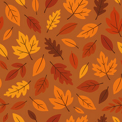 Obraz premium A seamless pattern of colorful autumn leaves in shades of orange, yellow, and brown scattered on a dark background.
