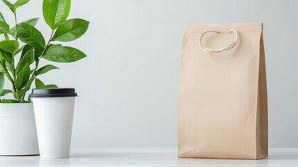 Simple paper bag stands next to coffee cup and green plant, creating calm and inviting atmosphere