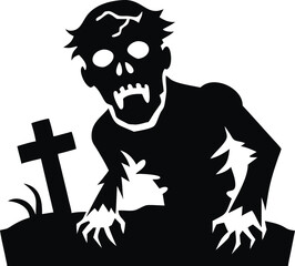 Terrifying zombie emerging from a dark grave with tattered clothes and a menacing expression isolated on white background isolated on transparent background