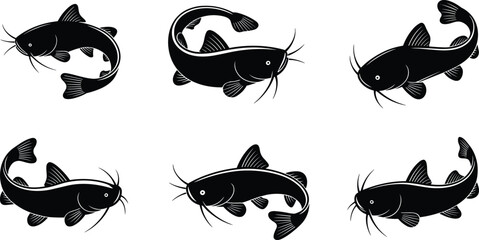 Naklejka premium Catfish vector illustration, aquatic animal drawing, black and white fish art, detailed fish sketch, freshwater fish graphic, cad drawing flat vector illustration