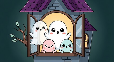 Cute kawaii ghost family peeking from an open window of a haunted house illustration — friendly cartoon ghosts in a whimsical cottage setting, Halloween kids decor and party invitation artwork