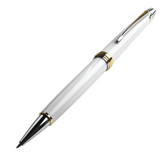 Naklejka premium Elegant white pen with gold accents resting on a wooden surface in a bright workspace
