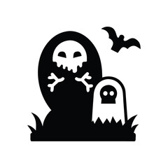 Spooky halloween graveyard scene with tombstones a skull and a flying bat isolated on white background isolated on transparent background
