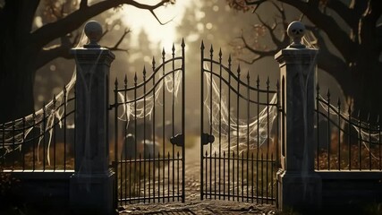 Eerie graveyard entrance with a cobweb-draped wrought iron gate and skull-topped pillars bathed in atmospheric morning light. - Powered by Adobe