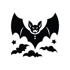 Fearsome black bat with spreading wings and small bats among clouds isolated on white background isolated on transparent background