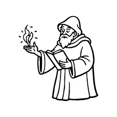 Ancient wizard with long beard casting magical fire from his hand while reading a book isolated on white background isolated on transparent background