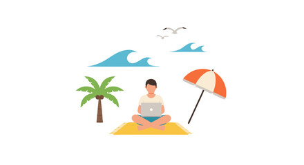 Relaxing beach scene with a person sitting under an umbrella on a sunny day creating a peaceful vacation vibe for remote work or leisure activities