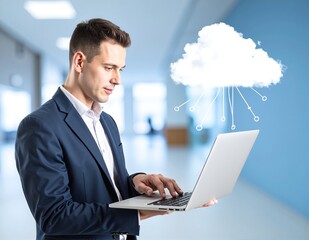 A professional man in a tailored suit sits at a sleek desk, focused on his laptop, with digital cloud computing graphics floating above, symbolizing connectivity.