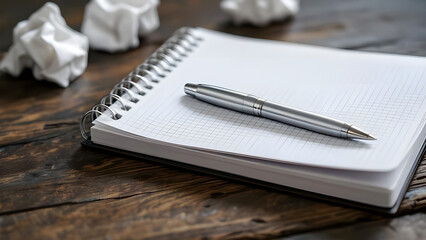 Close up of a silver pen on a notebook with crumpled paper on a dark wooden surface top view