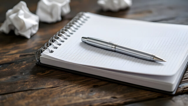 Close up of a silver pen on a notebook with crumpled paper on a dark wooden surface top view - Powered by Adobe