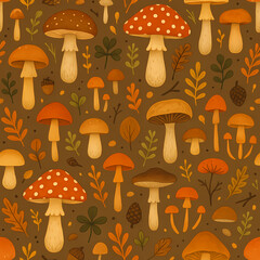 A seamless illustrated pattern of various autumn mushrooms, leaves, acorns, and pinecones.