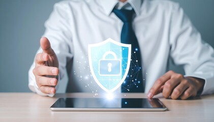 A professional man in a crisp white shirt and a neatly knotted tie confidently holds up a tablet displaying the word "Security" in bold letters.