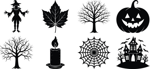 Vector art of halloween icons and symbols including a scarecrow, leaf, tree, pumpkin, candle, spiderweb, and haunted house, isolated on transparent background
