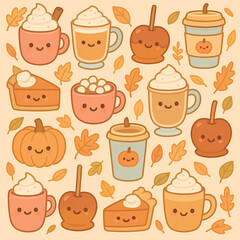 A cute pattern of kawaii autumn treats like pumpkin spice lattes, pie, and candy apples.