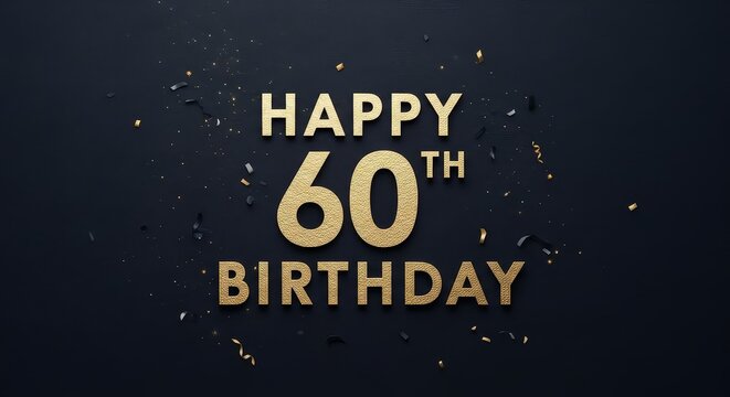 Elegant 60th birthday celebration greeting card with golden text and confetti on a black background.