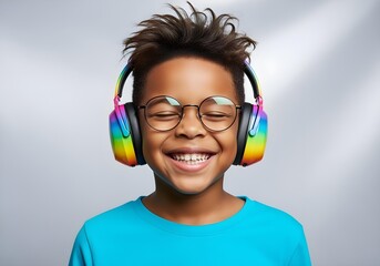 Smiling black autistic child boy avatar with rainbow noise cancelling headphone glasses for autism awareness day and month promoting neurodiversity inclusion joy brain health support