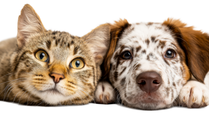 Close-up portrait of a tabby cat and a spotted puppy resting together