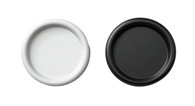 Two blank circular shapes, white and black,  on a black background.  Each circle has a raised,  smooth rim