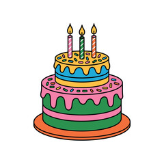 Two tier birthday cake with pink green blue yellow frosting and candles celebration party