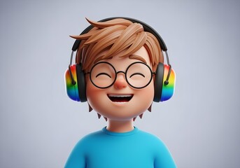 3d cartoon of smiling autistic child boy avatar with rainbow noise cancelling headphone glasses for autism awareness day and month promoting neurodiversity inclusion joy brain health support