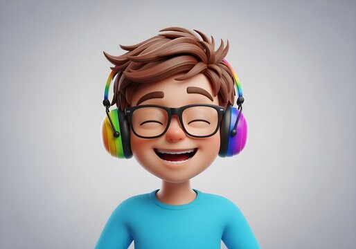3d cartoon of smiling autistic child boy avatar with rainbow noise cancelling headphone glasses for autism awareness day and month promoting neurodiversity inclusion joy brain health support