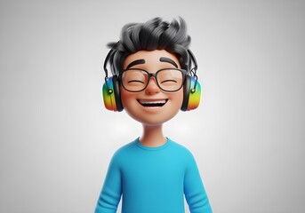 3d cartoon smiling asian autistic child boy avatar with rainbow noise cancelling headphone and glasses for autism awareness day and month promoting neurodiversity inclusion joy brain health support