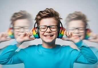 Smiling autistic child boy avatar with rainbow noise cancelling headphone glasses for autism awareness day and month promoting neurodiversity inclusion joy brain health support