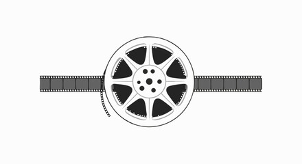 Naklejka premium Vintage film reel unwinding with scattered filmstrip and dynamic motion elements suggesting cinematic storytelling and visual artistry in black and