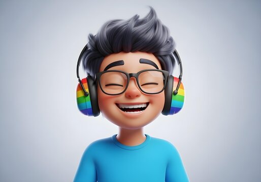 3d cartoon smiling asian autistic child boy avatar with rainbow noise cancelling headphone and glasses for autism awareness day and month promoting neurodiversity inclusion joy brain health support - Powered by Adobe