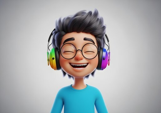 3d cartoon smiling asian autistic child boy avatar with rainbow noise cancelling headphone and glasses for autism awareness day and month promoting neurodiversity inclusion joy brain health support