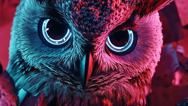 Close-up of stylized owl with glowing eyes