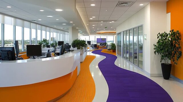 Modern office interior with vibrant colors with reception desk, and and creative carpet design.