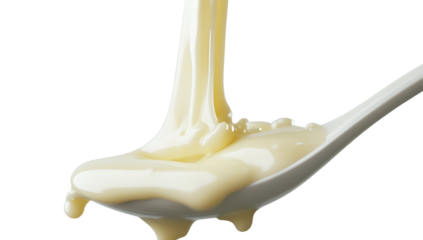 Condensed milk flowing down from a metal spoon isolated on a transparent background