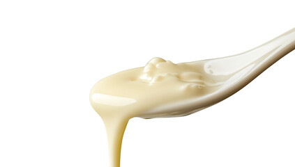 Condensed milk flowing down from a metal spoon isolated on a transparent background