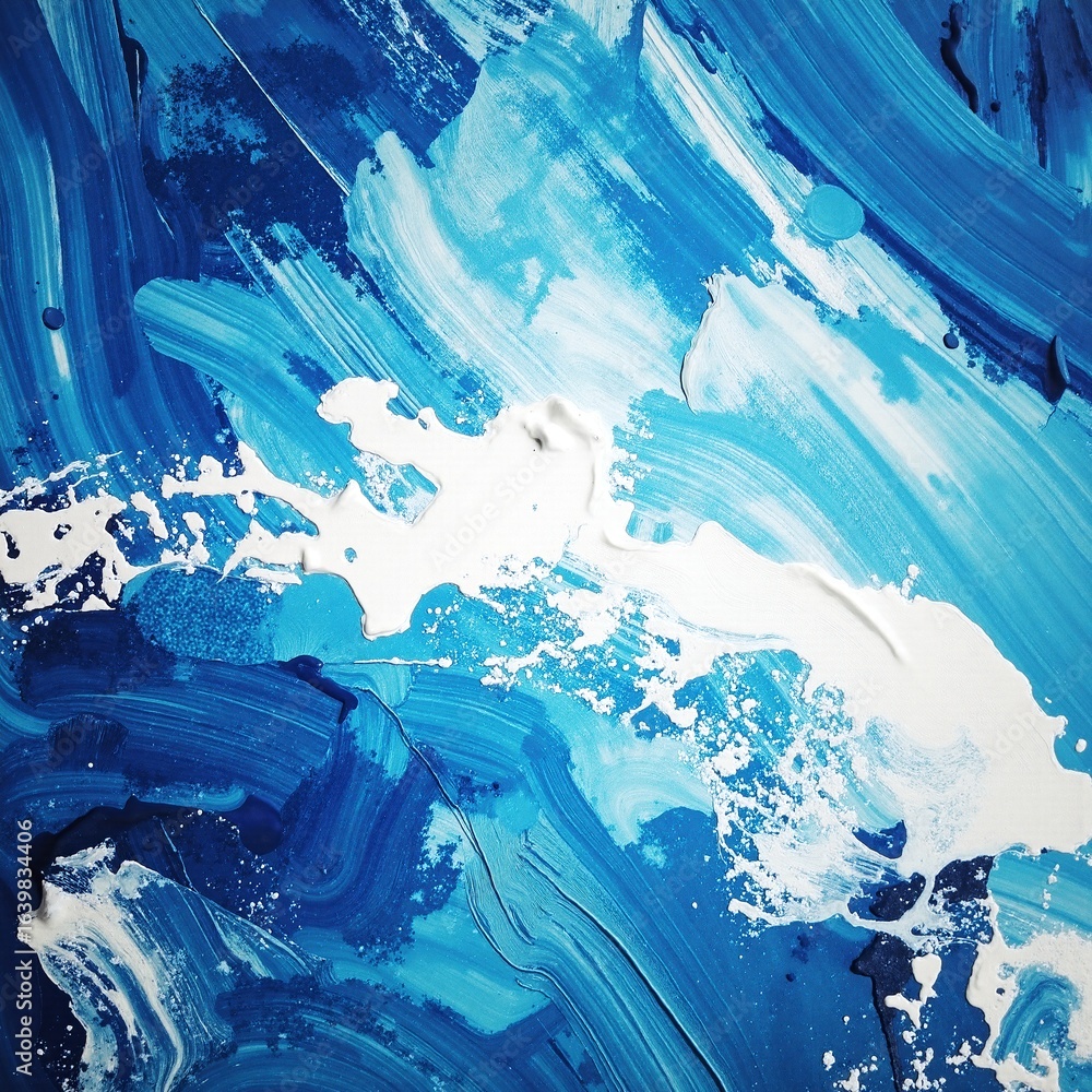 Poster a vibrant abstract painting featuring swirling shades of blue and white, creating a dynamic interpla