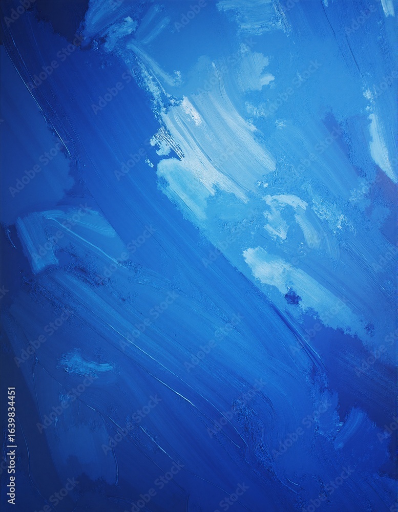Poster a vibrant abstract painting featuring swirling shades of blue and white, creating a dynamic interpla