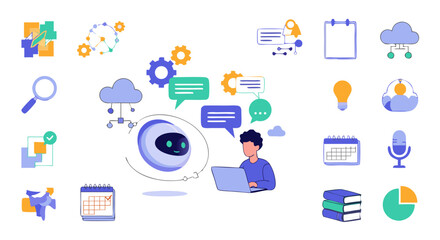 Fototapeta premium innovative AI chatbot concept illustrating human interaction with digital assistant and diverse communication icons on a crisp white background