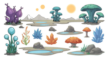 Colorful fantasy landscape featuring diverse mushrooms, vibrant plants, and mystical rocky formations in a whimsical animated style perfect for