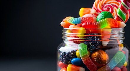 Glass jar overflowing with colorful assorted candies and sweets including gummy worms, jelly beans, lollipops, gummy rings and foil-wrapped chocolates on dark background for advertising