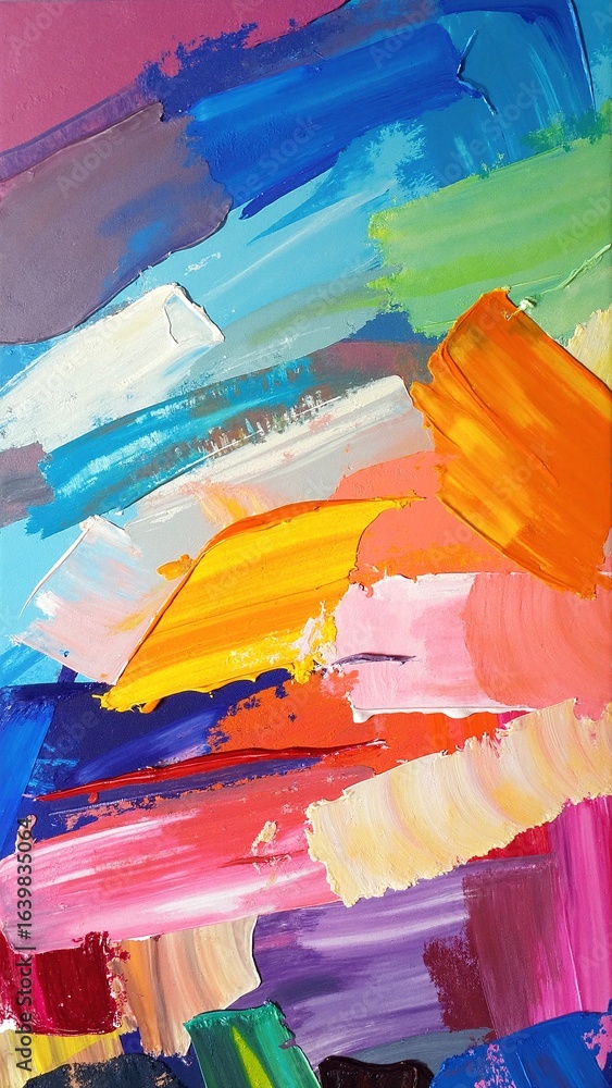 Poster a vibrant abstract painting featuring a dynamic array of colorful paint strokes, blending hues of bl